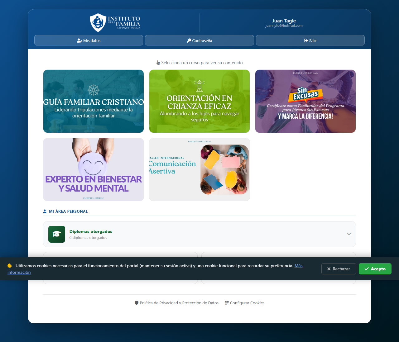 Pantalla Mis Cursos con la lista de cursos del alumno